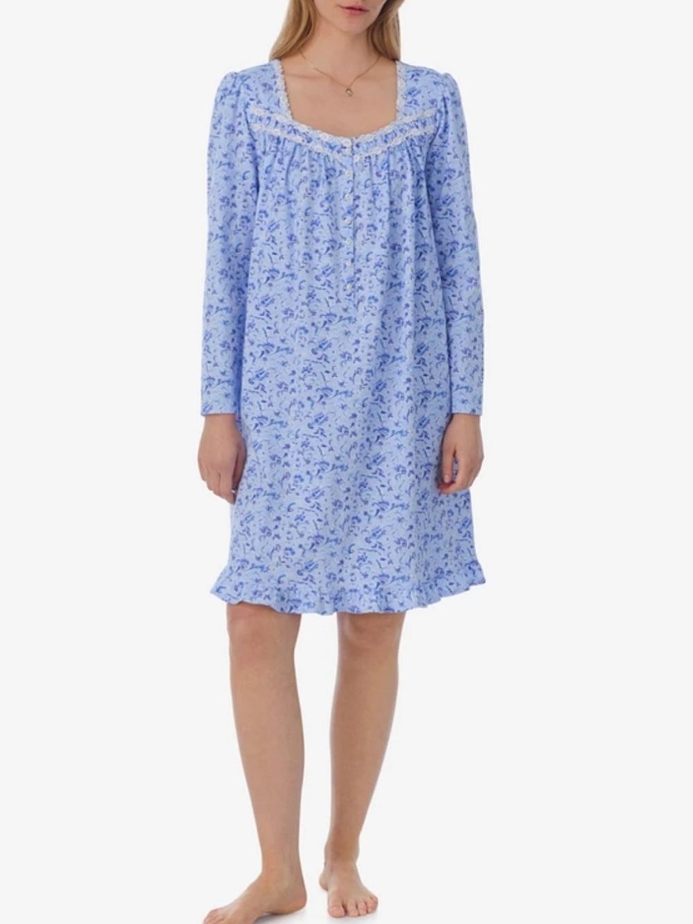 Eileen West cotton floral lace trim nightgown L paisley flowers ruffle trad wife